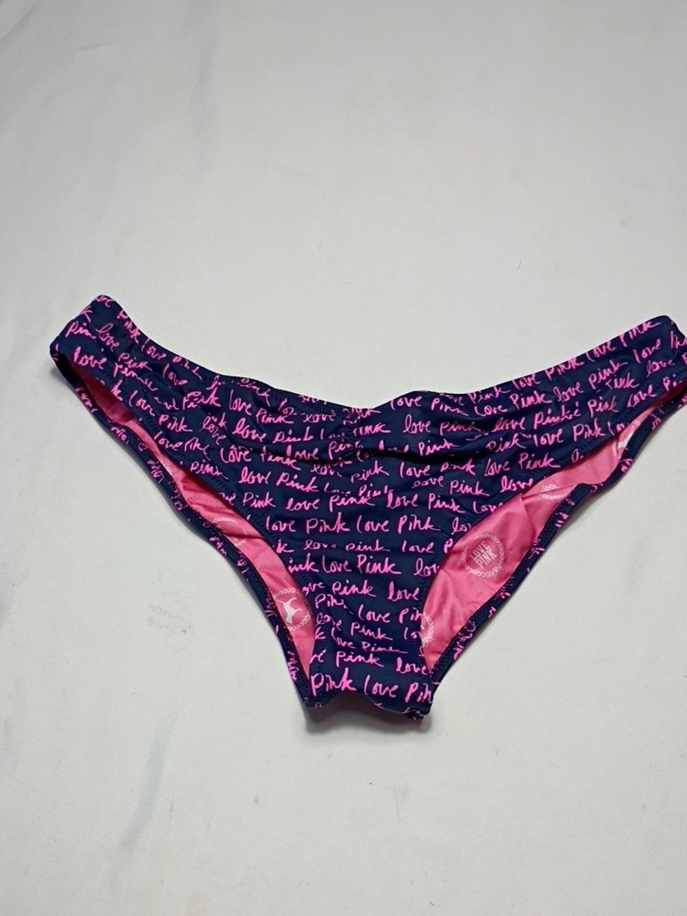 EUC Victoria's Secret Pink Blue/Pink Logo Print High Rise Bikini Bottom Sz M Y2K
